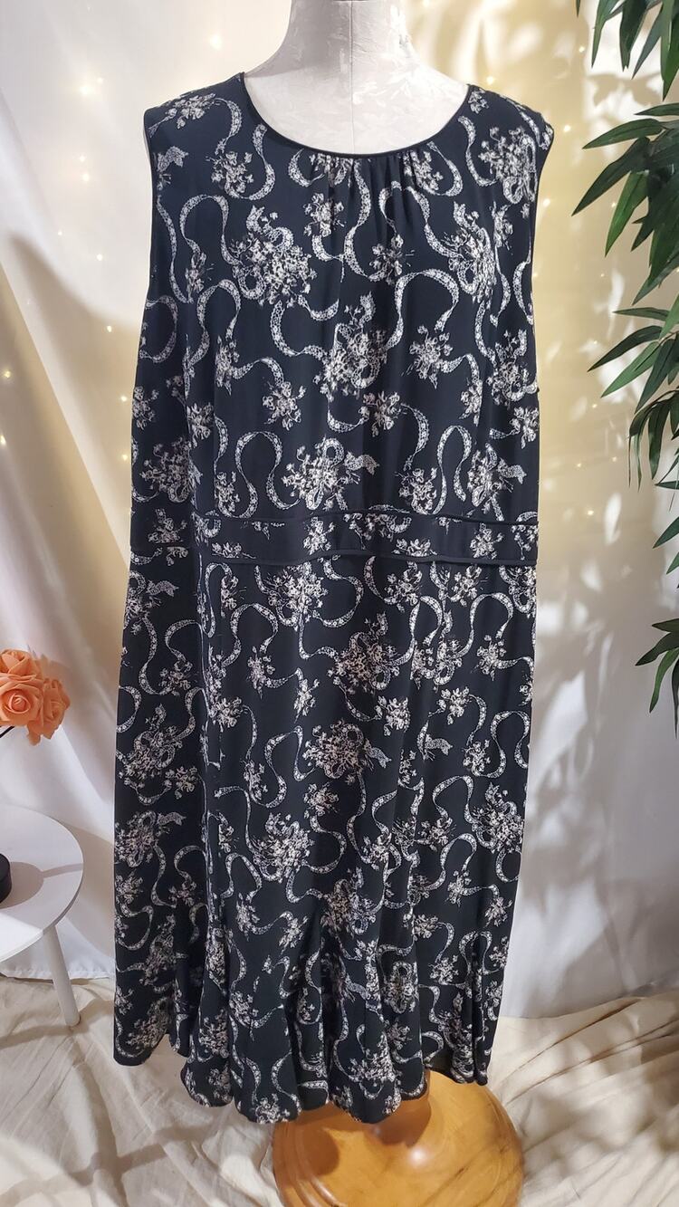 Talbots Floral Flouce Ruffle Sleeveless Midi Dress Plus Size 18W Black Wedding